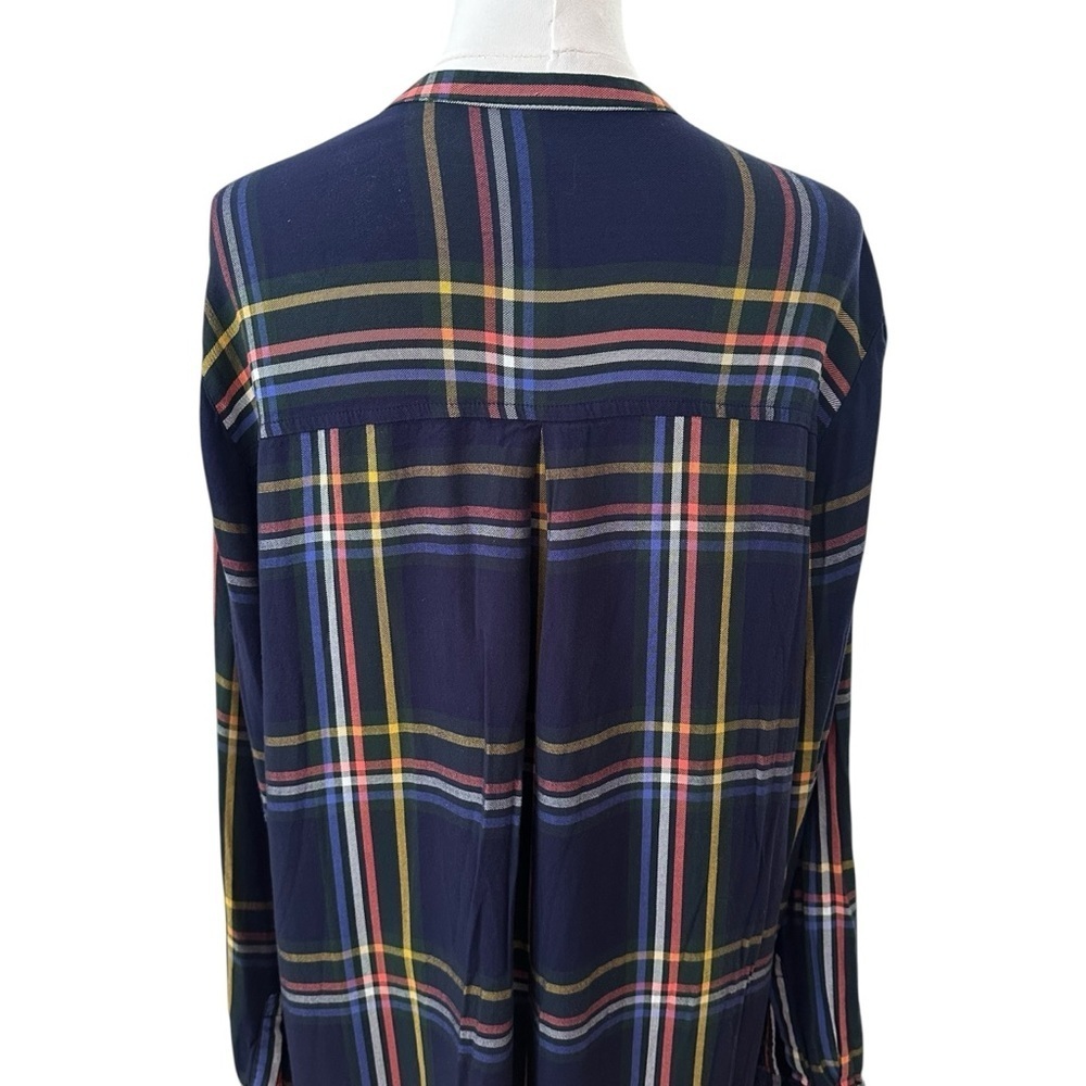 Women's XL Navy Blue Plaid Pleated Long Sleeve Preppy Midi Casual Soft Dress - Picture 4 of 6